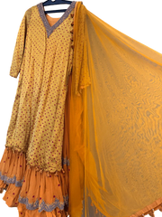 Yellow Bandhani Layered Gown with Silver Embroidery and Dupatta - My Store