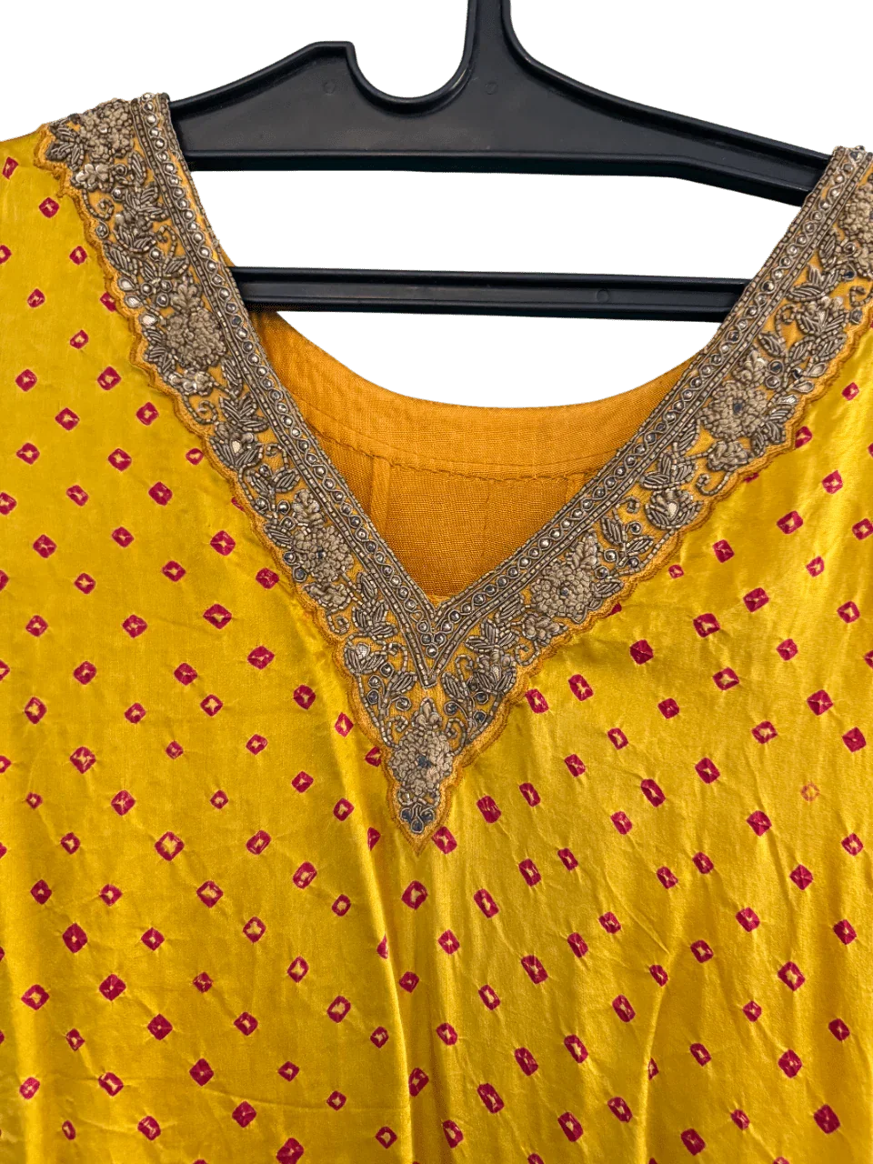 Yellow Bandhani Layered Gown with Silver Embroidery and Dupatta - My Store