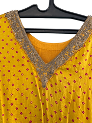 Yellow Bandhani Layered Gown with Silver Embroidery and Dupatta - My Store
