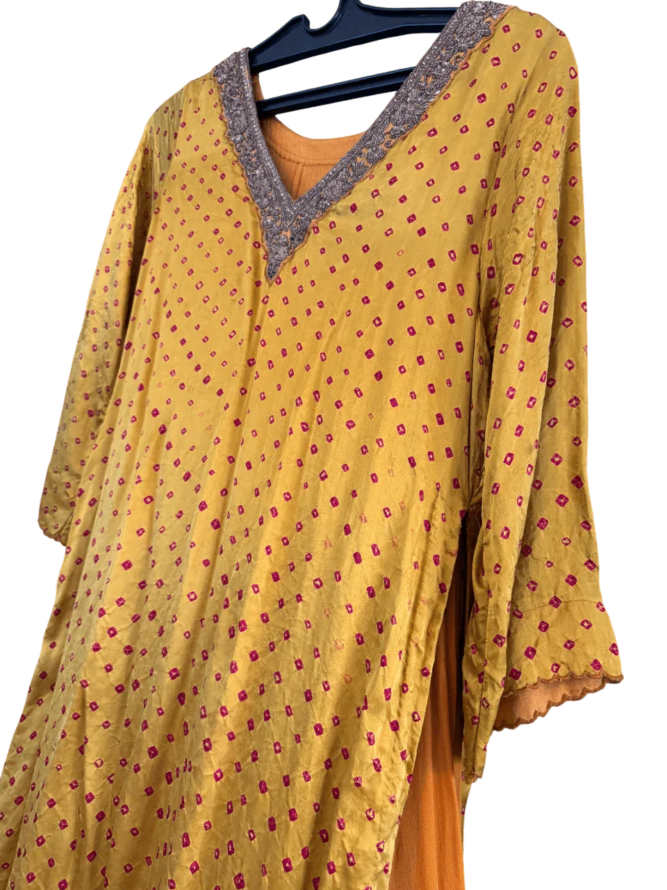 Yellow Bandhani Layered Gown with Silver Embroidery and Dupatta - My Store