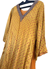 Yellow Bandhani Layered Gown with Silver Embroidery and Dupatta - My Store