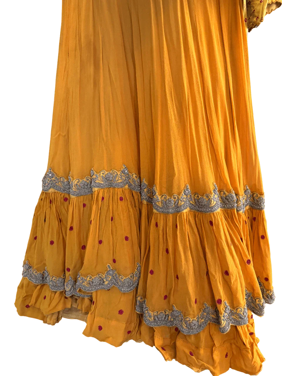 Yellow Bandhani Layered Gown with Silver Embroidery and Dupatta - My Store