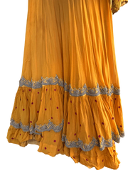 Yellow Bandhani Layered Gown with Silver Embroidery and Dupatta - My Store