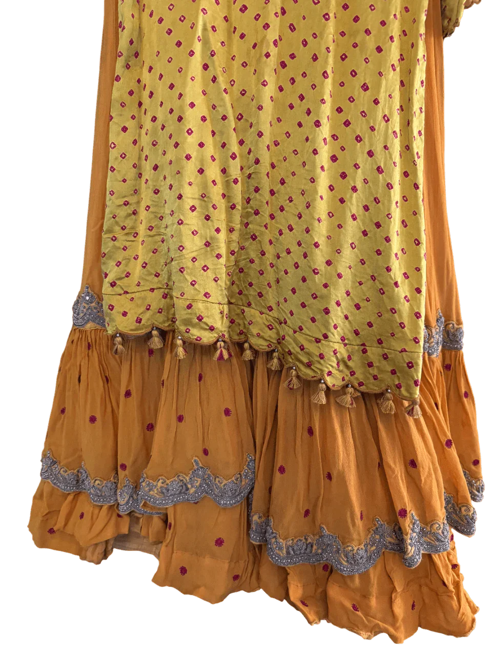 Yellow Bandhani Layered Gown with Silver Embroidery and Dupatta - My Store