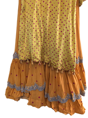 Yellow Bandhani Layered Gown with Silver Embroidery and Dupatta - My Store