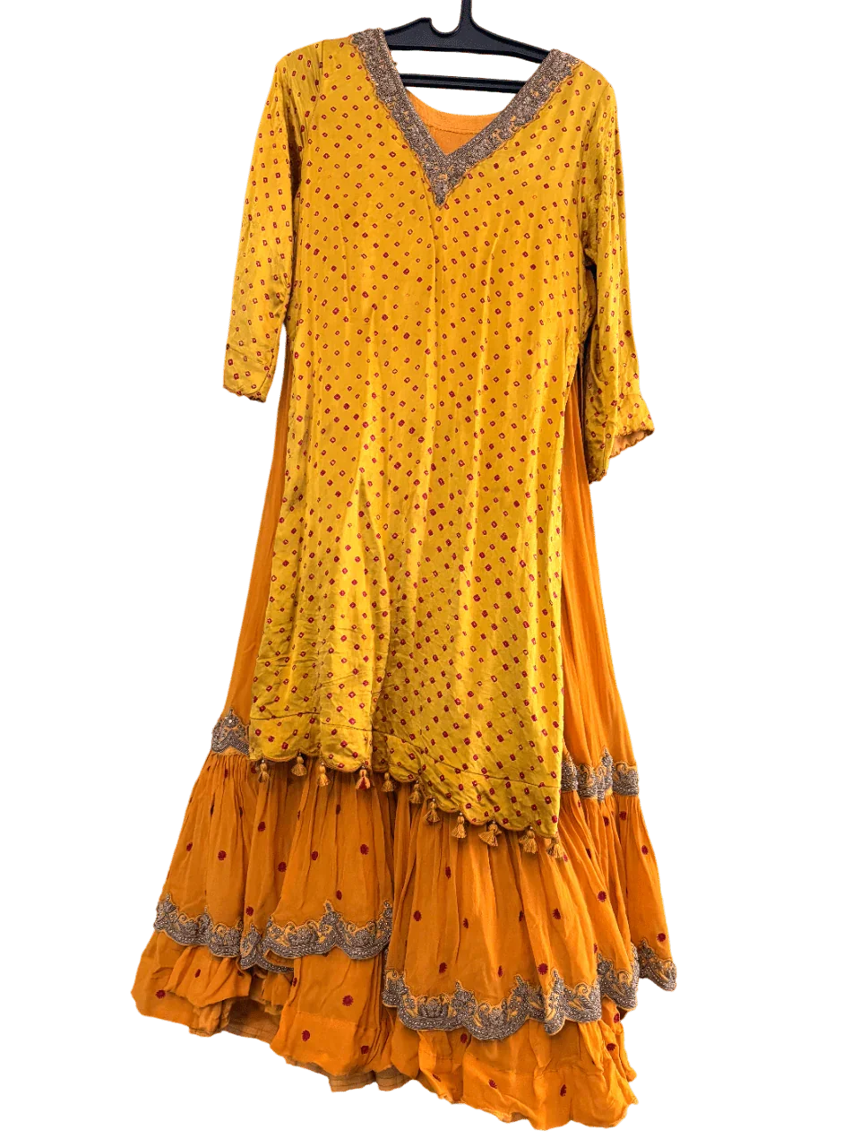Yellow Bandhani Layered Gown with Silver Embroidery and Dupatta - My Store