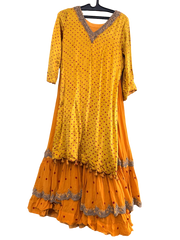 Yellow Bandhani Layered Gown with Silver Embroidery and Dupatta - My Store