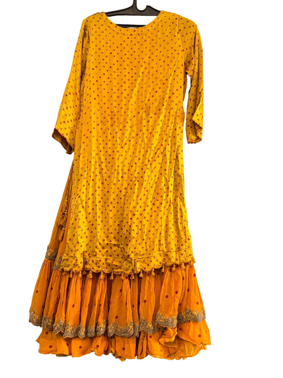 Yellow Bandhani Layered Gown with Silver Embroidery and Dupatta - My Store