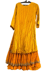 Yellow Bandhani Layered Gown with Silver Embroidery and Dupatta - My Store
