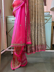Beige Fuchsia Mirror Work Anarkali Gown with Dupatta