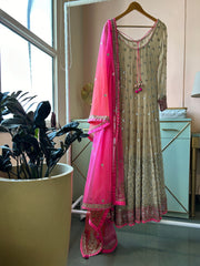 Beige Fuchsia Mirror Work Anarkali Gown with Dupatta