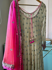 Beige Fuchsia Mirror Work Anarkali Gown with Dupatta