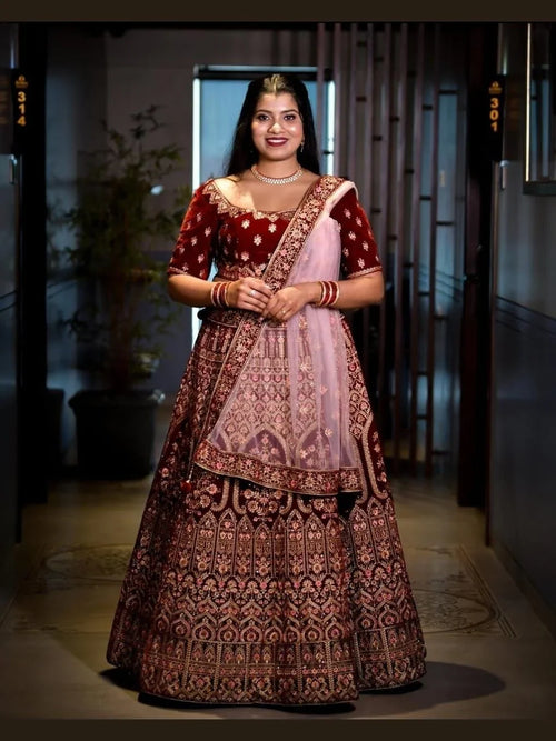 Manyavar Mohey Maroon Velvet Bridal Lehenga with Pink Dupatta