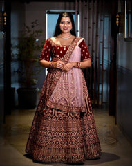 Manyavar Mohey Maroon Velvet Bridal Lehenga with Pink Dupatta