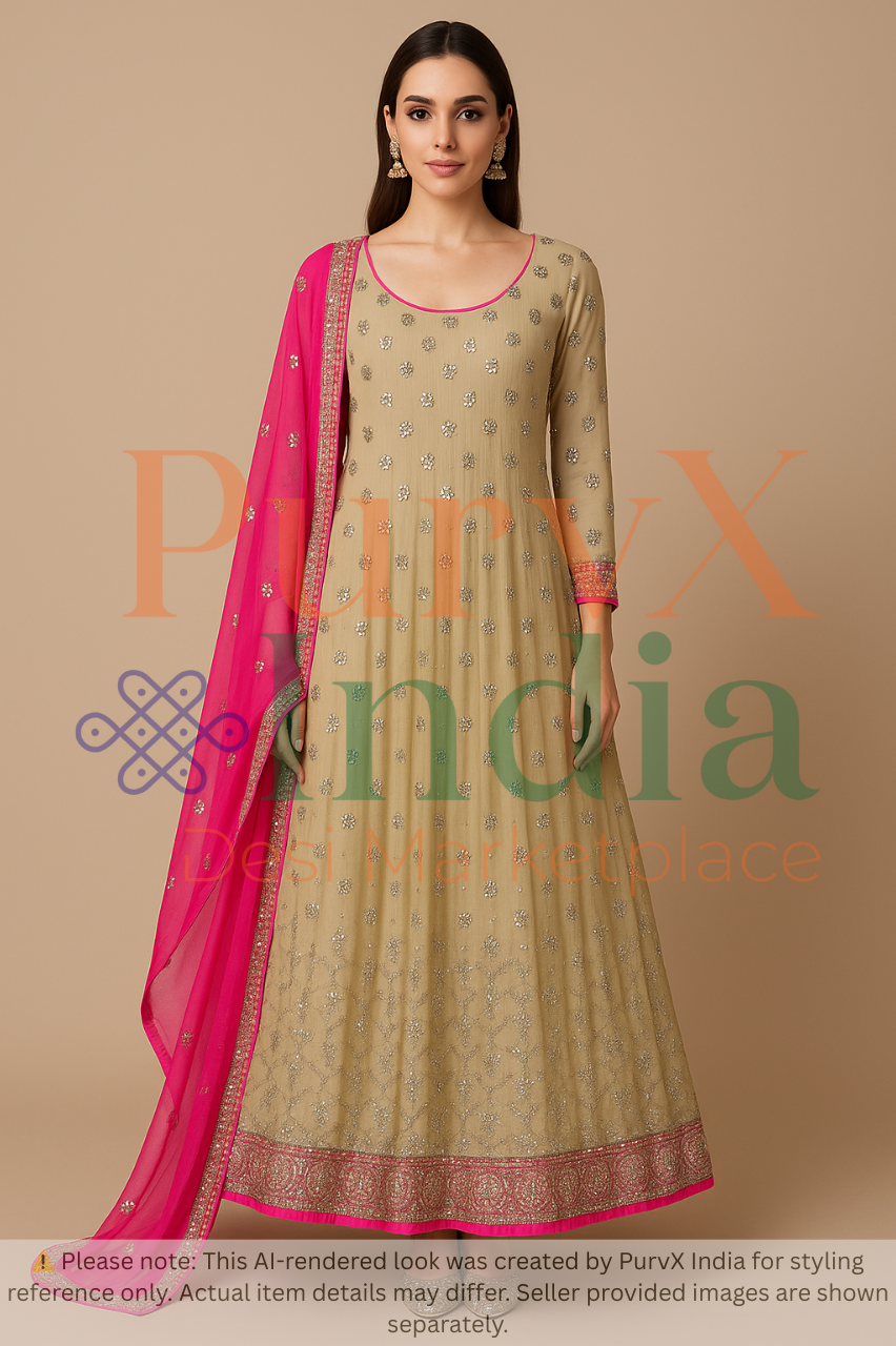 Beige Fuchsia Mirror Work Anarkali Gown with Dupatta