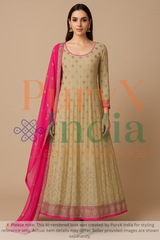 Beige Fuchsia Mirror Work Anarkali Gown with Dupatta