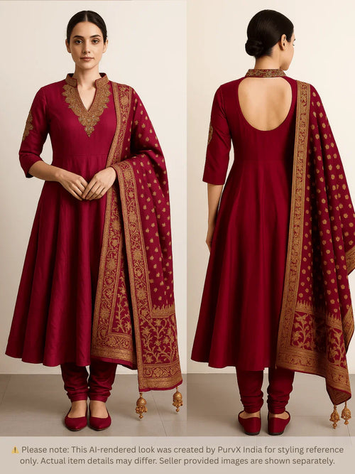 Red and Gold Embroidered Anarkali Salwar Suit with Banarasi Dupatta