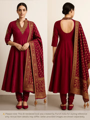 Red and Gold Embroidered Anarkali Salwar Suit with Banarasi Dupatta - My Store