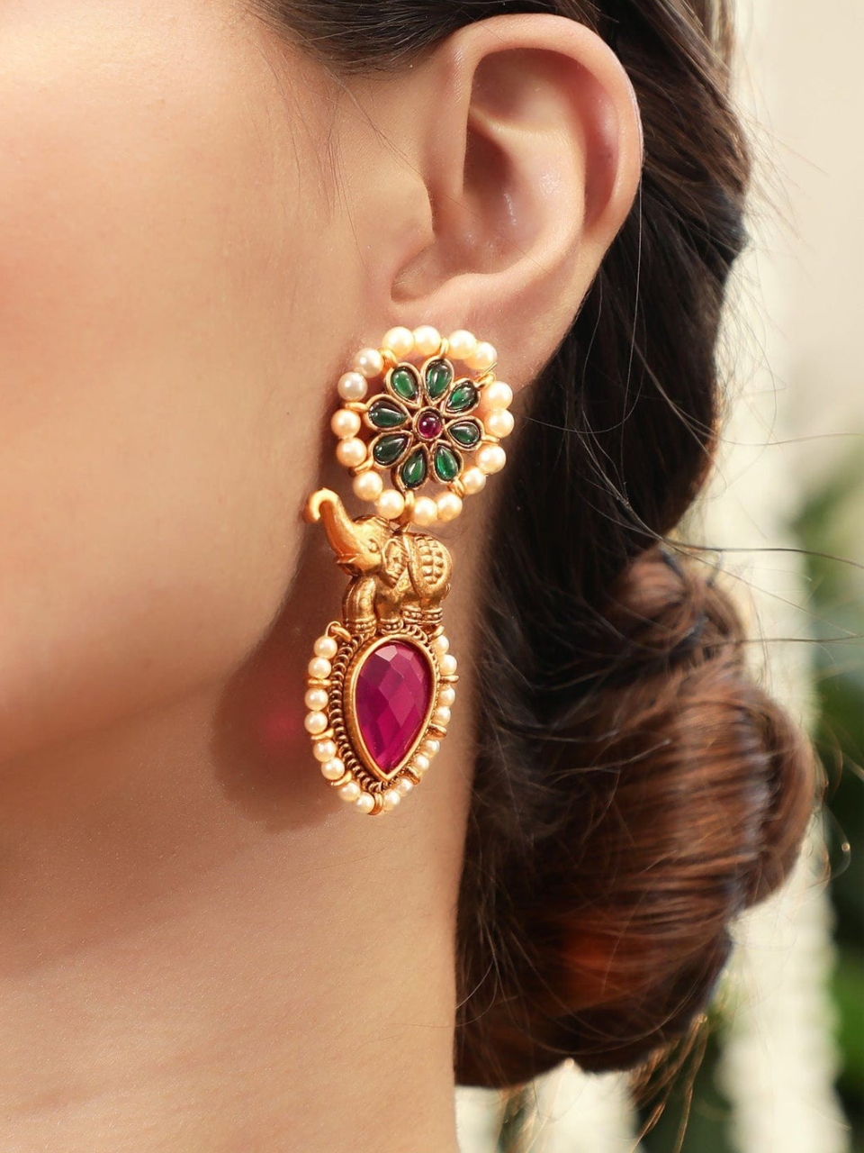 18K Gold-Plated Red & Green Stone Studded Elephant Motif Earring with Pearl Accents