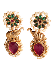 18K Gold-Plated Red & Green Stone Studded Elephant Motif Earring with Pearl Accents
