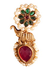 18K Gold-Plated Red & Green Stone Studded Elephant Motif Earring with Pearl Accents