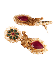 18K Gold-Plated Red & Green Stone Studded Elephant Motif Earring with Pearl Accents
