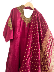 Red and Gold Embroidered Anarkali Salwar Suit with Banarasi Dupatta - My Store