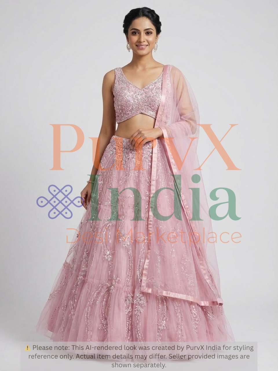 Woman wearing a pink lehenga on a light gray background.