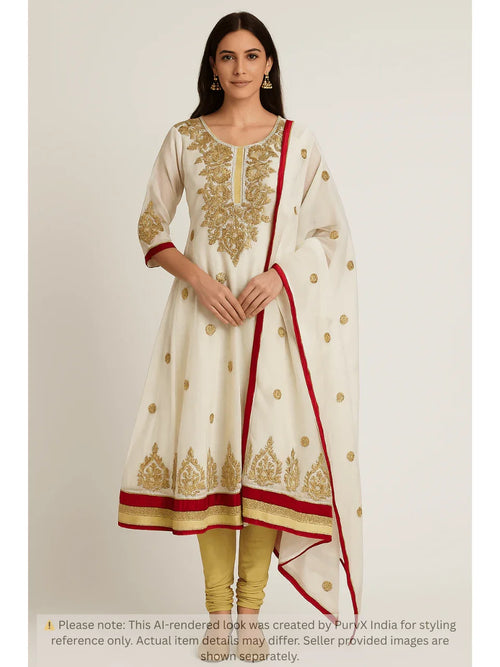 White and Gold Embroidered Anarkali Suit Set