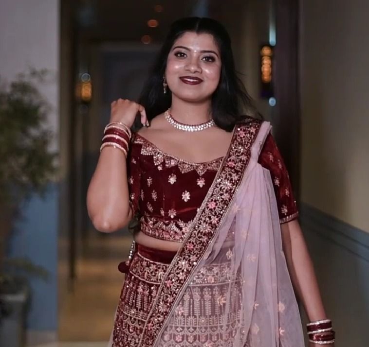 Manyavar Mohey Maroon Velvet Bridal Lehenga with Pink Dupatta